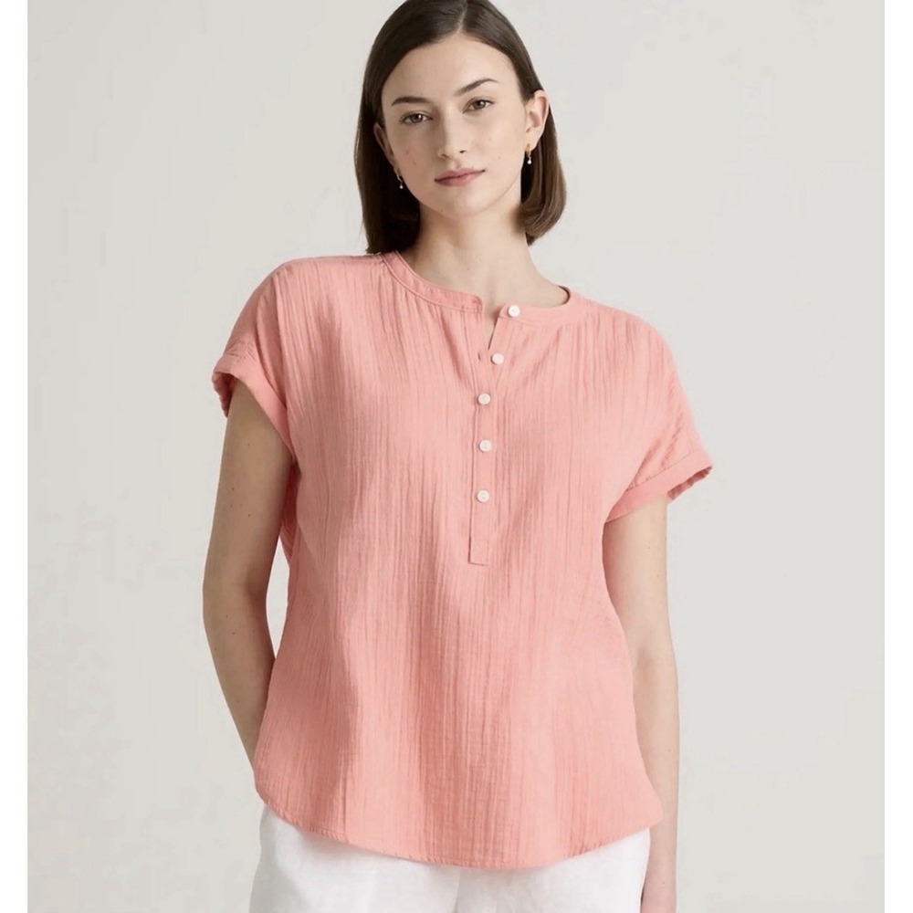 New Quince Organic Cotton Gauze Roll Sleeve Shirt Coral Blush Pink Top Large